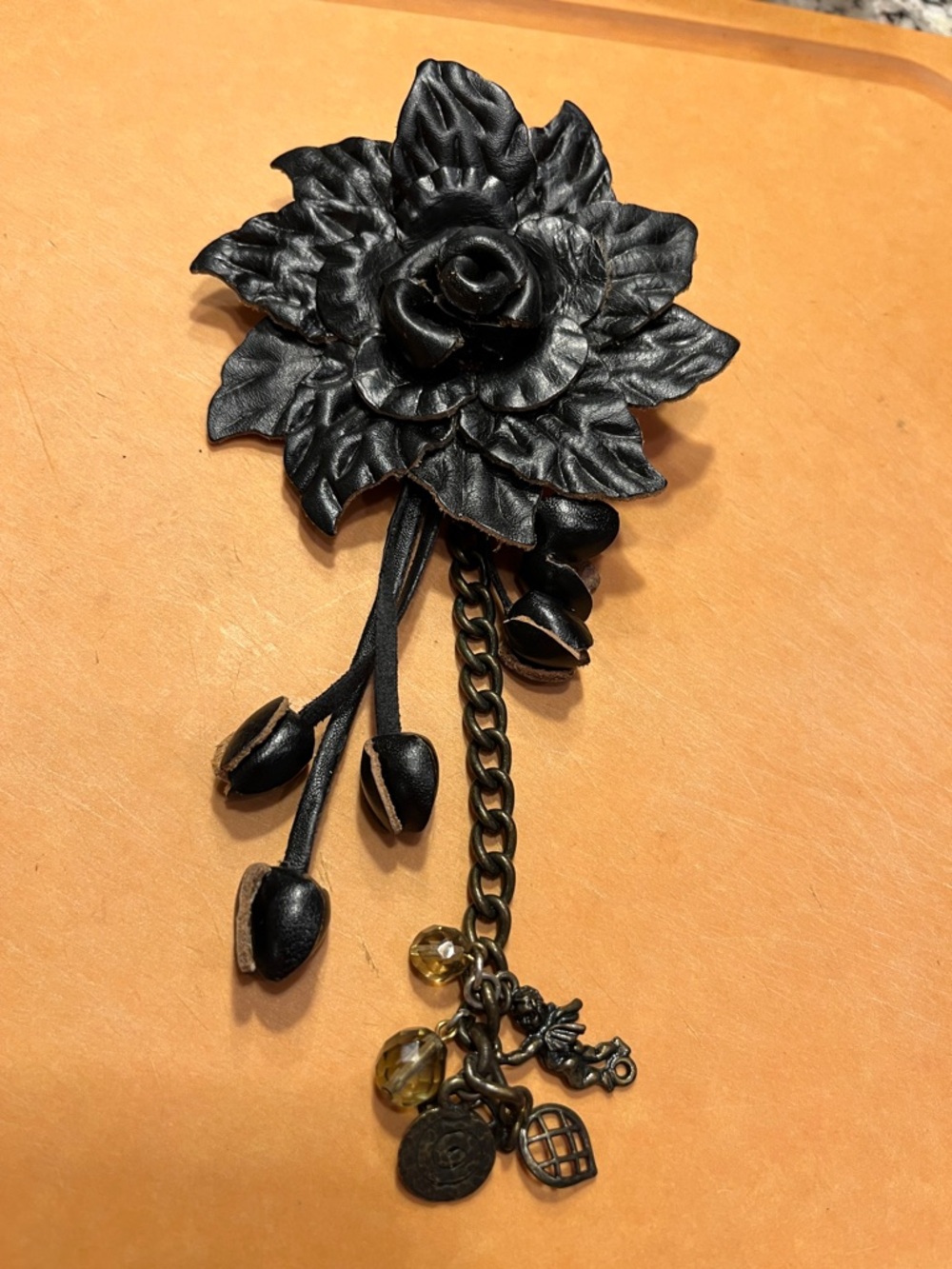 Black Floral Leather Keychain with Chain and Charms
